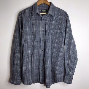 Eddie Bauer Button Up Men's Large Blue Plaid Relaxed Fit Wrinkle Resistant Shirt